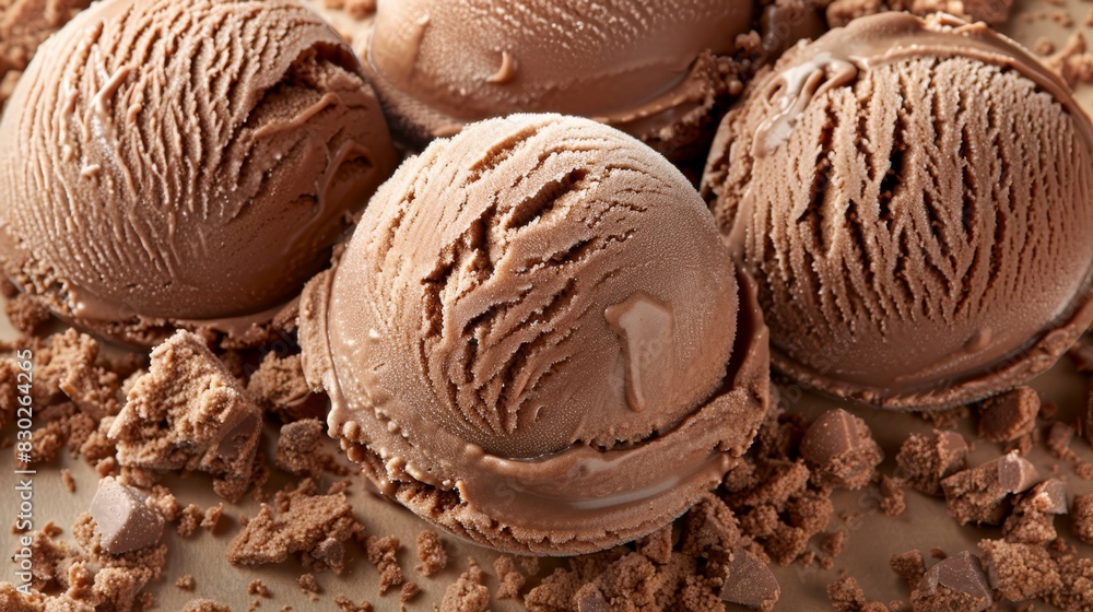 Three scoops of chocolate ice cream atop a mound of chocolate shavings, resting on a sheet of parchment paper with scattered crumbs Three scoops of chocolate ice cream atop a mound of chocolate shavings, resting on a sheet of parchment paper with scattered crumbs