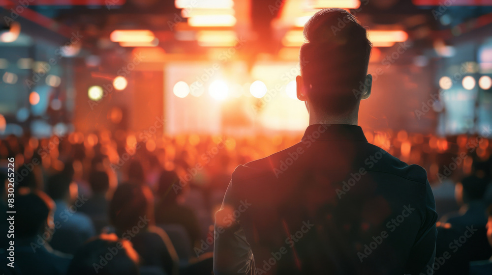 Back view of a man in a suit before addressing an audience at a conference Back view of a man in a suit before addressing an audience at a conference