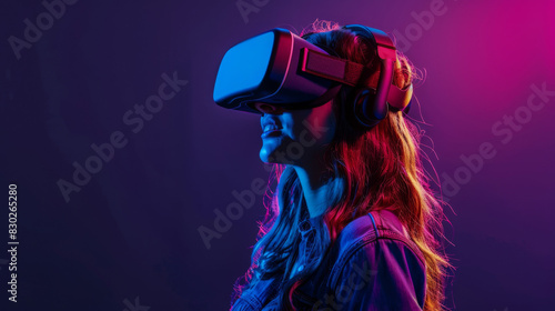 Side view of a young woman immersed in virtual reality with vibrant neon lighting