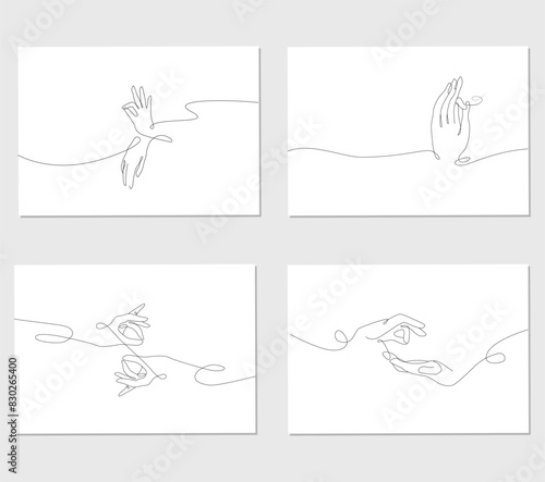 Vector set of one line art illustrations of buddha hands. Continuous line art of Buddha silhouette for spa logo, symbol of Lord Buddha and Vesak day.