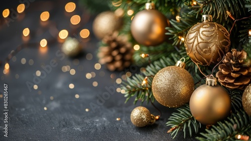  A tight shot of a Christmas tree against a black backdrop  adorned with golden baubles and pine cones The foreground features a softly blurred bokeh of tw