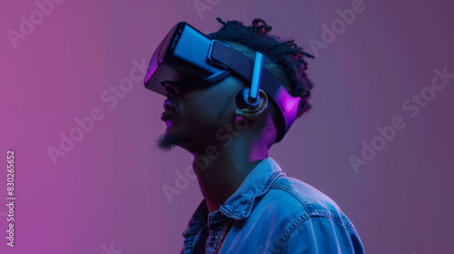 Young man with vr headset against purple background in profile view © Michael