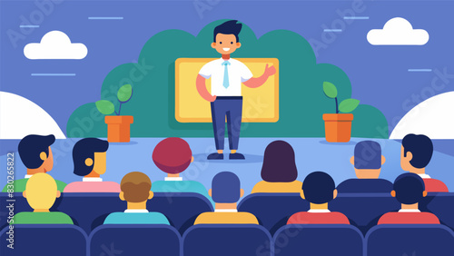In the auditorium a motivational speaker shares tips on selfcare and stress management empowering students to prioritize their wellbeing.. Vector illustration