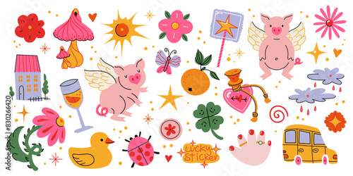 Doodle stickers set. Groovy designs. Pig with wings, flowers, orange, ladybug, characters, duck, car, clover. Retro hippie acid set. Trendy stickers, labels, tags, patches, stamps.