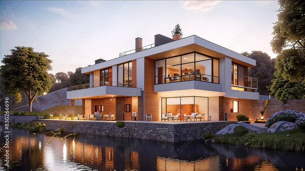 Fototapeta premium modernist house by the river, Modern exterior design of advanced luxury home, 3D Rendering,