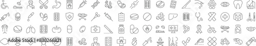 Collection of Line Icons of Medicine, Healthcare, Veterinary for Adverts. Suitable for books, stores, shops. Editable stroke in minimalistic outline style. Symbol for design