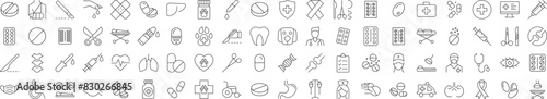 Collection of icons of Medicine, Healthcare, Veterinary for Advertisement. Suitable for books, stores, shops. Editable stroke in minimalistic outline style. Symbol for design