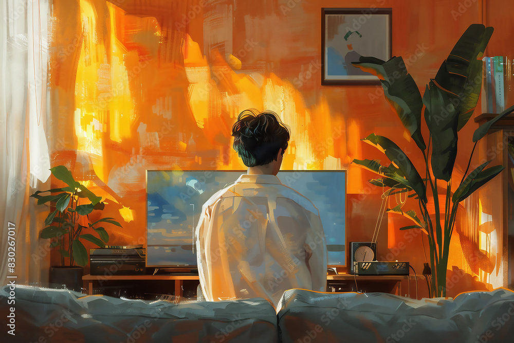 Fototapeta premium A young man in a white T-shirt sits in front of a tv screen, orange light shines through the curtains on him and the room. Plants are nearby in the style of anime with lo-fi vibes