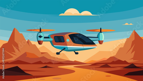 A solitary electric air taxi zooms over a desert wasteland hinting at a possible future where these vehicles are the norm for air travel.. Vector illustration