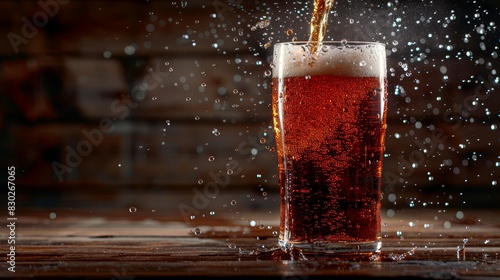  A tight shot of a glass holding beer, straw protruding from its top Table showcases condensed water droplets Brick wall backdrop photo