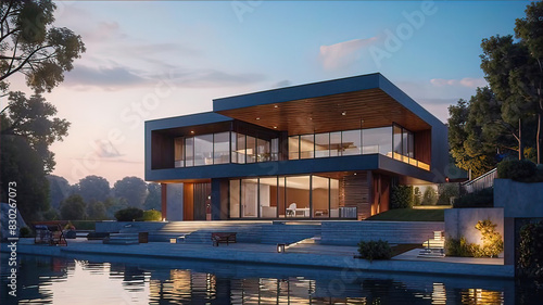 modernist house by the river, Modern exterior design of advanced luxury home, 3D Rendering,