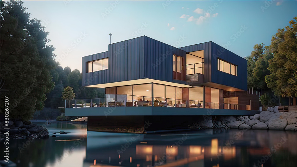 modernist house by the river, Modern exterior design of advanced luxury home, 3D Rendering, modernist house by the river, Modern exterior design of advanced luxury home, 3D Rendering,