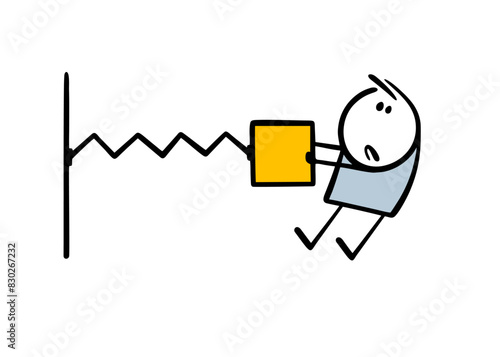 Visual experience in a physics lesson. Law of elasticity. Vector illustration of student stretching   spring with a load.  Worker at a construction site,  experiment. Isolated cartoon comic on white.