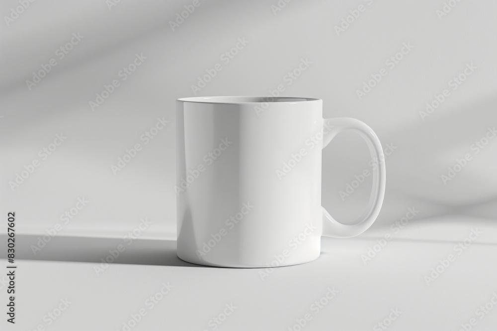 Simple yet elegant white mug sits on a white surface, casting soft shadows, perfect for showcasing custom designs or promoting branding in a minimalist and modern setting Simple yet elegant white mug sits on a white surface, casting soft shadows, perfect for showcasing custom designs or promoting branding in a minimalist and modern setting