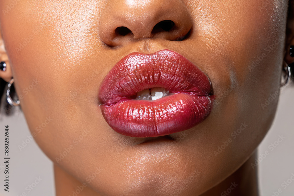 Naklejka premium lips of a woman giving a kiss, perfect lips, glamour makeup, closeup on lipstick