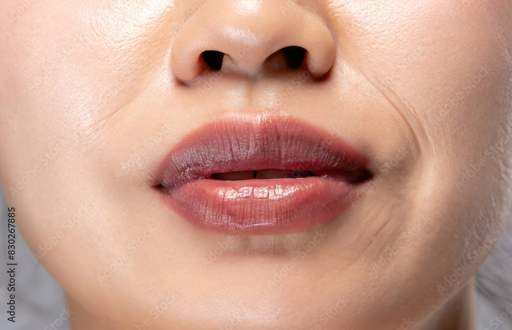Fototapeta premium close up lips of woman, pink lipstick, beautiful smile, woman with perfect teeth