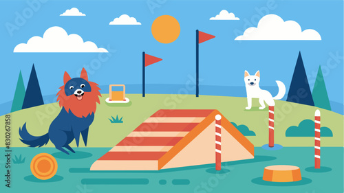 A designated area is set up for a dog agility course allowing potential adopters to see the fun and playful side of their potential furry companion.. Vector illustration