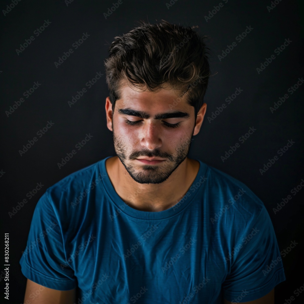 Close up shot of a man in navy blue t-shirt with sad face on dark background. Mental health concept Close up shot of a man in navy blue t-shirt with sad face on dark background. Mental health concept