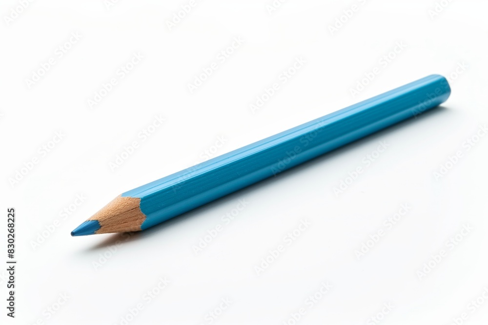 Single blue colored pencil with a sharp tip lies diagonally on a pure white background, embodying simplicity and potential for drawing, writing, and creativity Single blue colored pencil with a sharp tip lies diagonally on a pure white background, embodying simplicity and potential for drawing, writing, and creativity