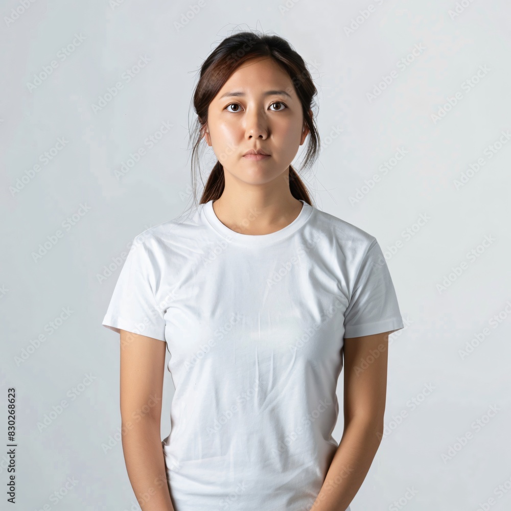 Front shot of woman in t-shirt feeling guilty on white background Front shot of woman in t-shirt feeling guilty on white background