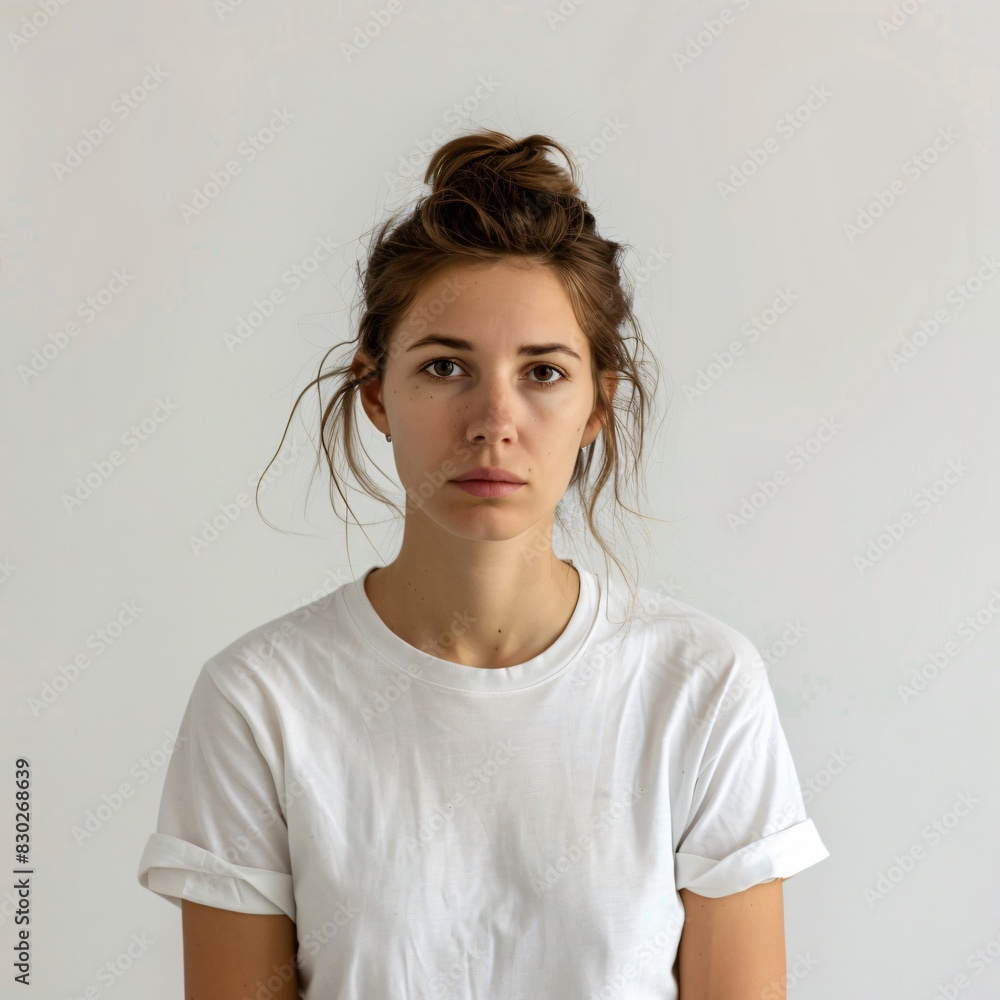 Front shot of woman in t-shirt feeling guilty on white background Front shot of woman in t-shirt feeling guilty on white background
