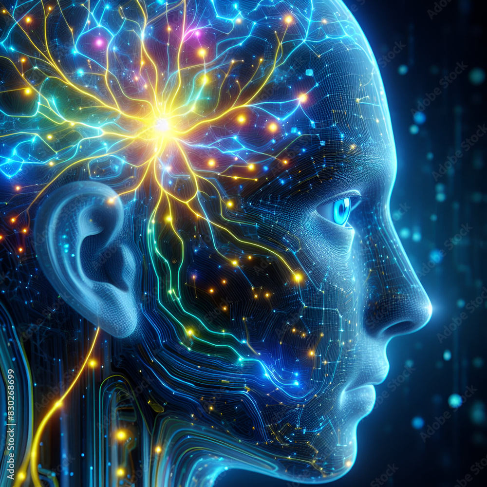 Futuristic Humanoid: Neon Neural Network and Enigmatic Gaze Futuristic Humanoid: Neon Neural Network and Enigmatic Gaze