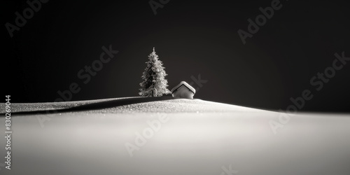 A minimalist winter landscape featuring a single snow-covered tree and a small, snow-dusted cabin on a smooth, snowy hill. The scene is set against a stark, dark background, creating a serene and soli photo