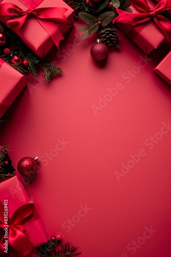 christmas background with red ribbon and holly