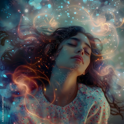 Dreamy Woman with Flowing Hair and Magical Light Effects