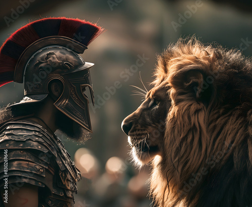 Gladiator facing a lion photo