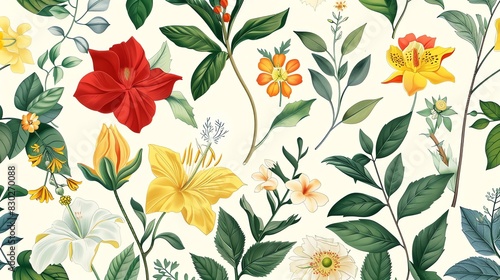 A beautiful floral pattern with a variety of flowers and leaves. The flowers are in different colors, including red, yellow, and white. photo