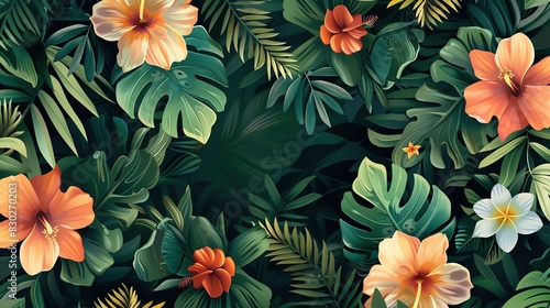 A lush tropical background with green leaves and orange hibiscus flowers. © Dinara