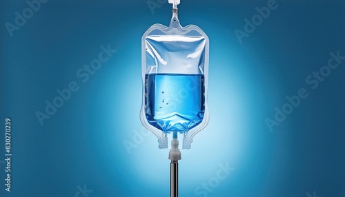 IV bag with blue fluid isolated photorealistic