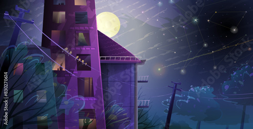 Night city landscape with full moon and buildings roof, midnight or evening dark background. Colorful skyline wallpaper with night sky over neighbourhood. Vector background in watercolor style..