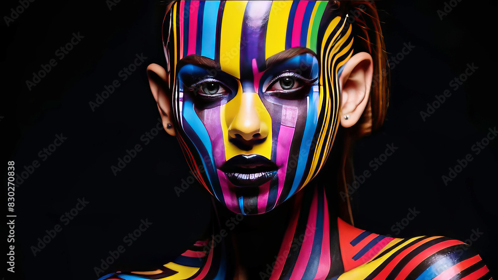 Naklejka premium Futuristic half-length portrait, beautiful girl model in colorful mask, striped body art, colorful makeup, world of fashion and beauty and fashion industry