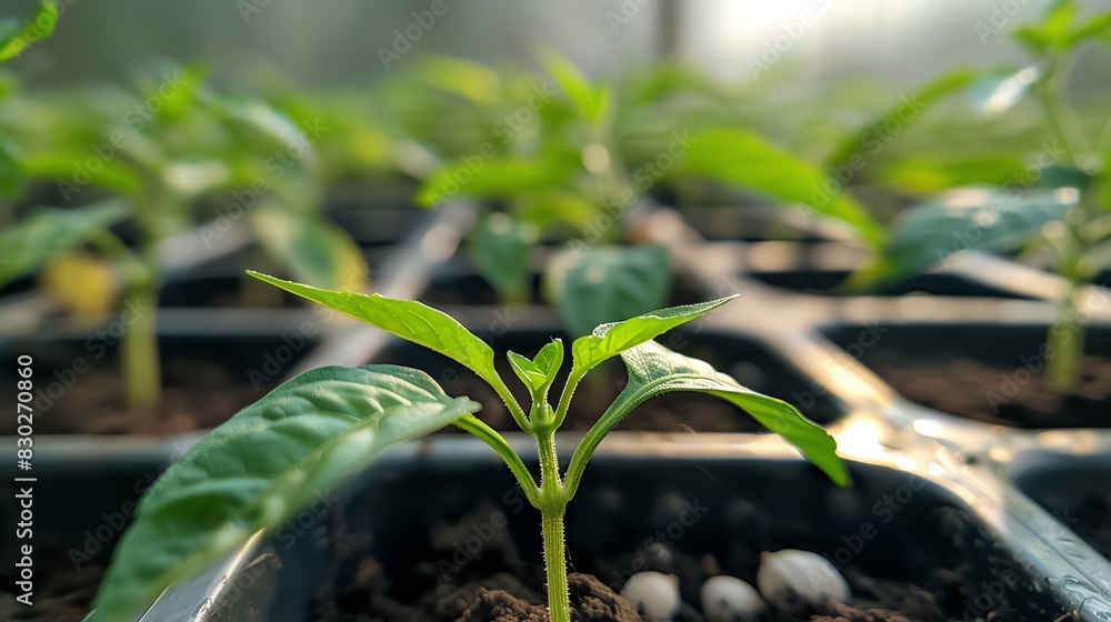 Tiny green seedlings growing in a black plastic tray. The seedlings are getting sunlight. The image is taken from a low angle. Tiny green seedlings growing in a black plastic tray. The seedlings are getting sunlight. The image is taken from a low angle.