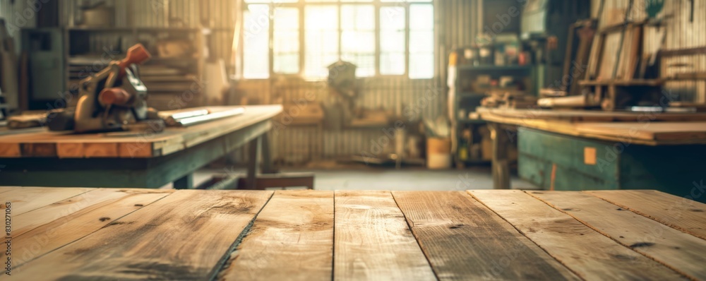 Warm workshop view over wooden table Warm workshop view over wooden table