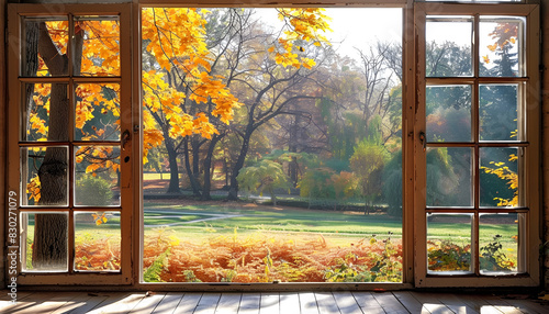 Window in room view on autumn park with fall leaves on the tree