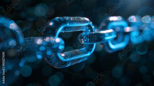 Digital chain links illuminated in abstract image representing secure blockchain technology