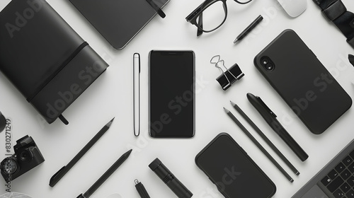 Creative trendy minimalist school or office workspace with black materials on a white background.