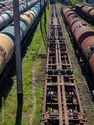 bases of railway cars on the tracks. Empty composition.