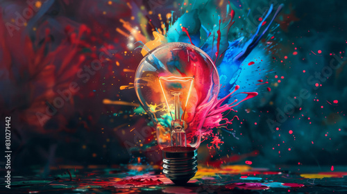 A vibrant light bulb surrounded by dynamic paint splashes symbolizing creative ideas
