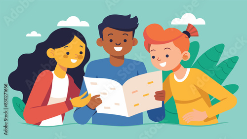 Friends giggle as they try to solve a riddle on a scavenger hunt sheet guiding them through different book genres.. Vector illustration