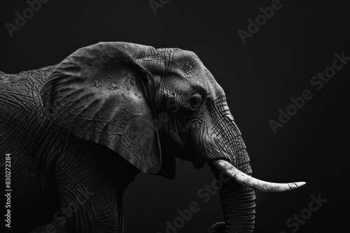 A majestic elephant's face in black and white, its trunk curled up against the dark background.