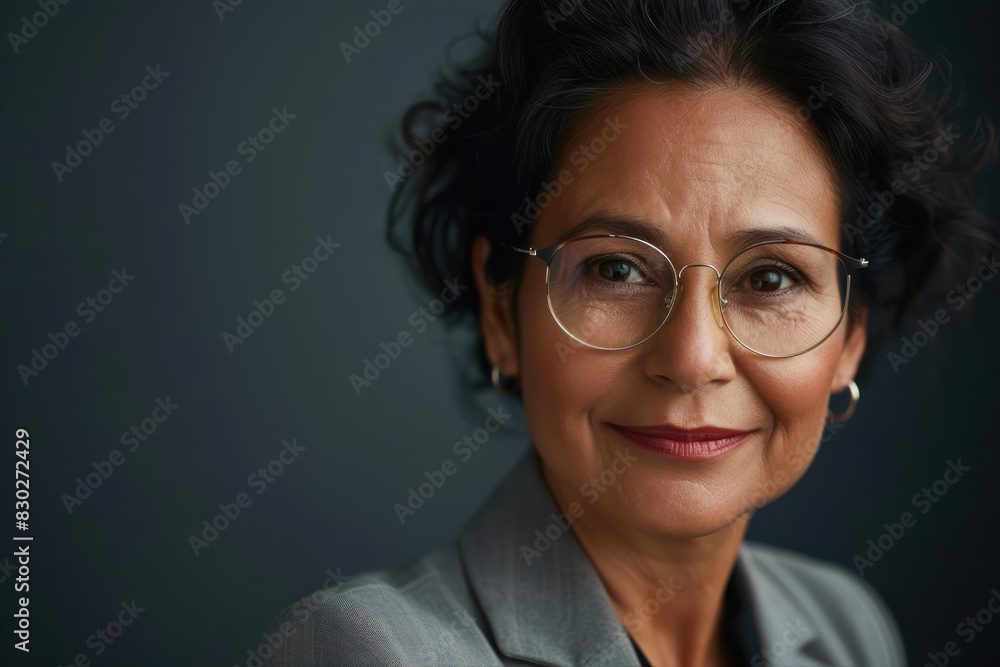 A close-up head and shoulders portrait of a middle-aged Latin woman in a photographic studio, her expression elegant and dignified as she looks directly into the camera. A close-up head and shoulders portrait of a middle-aged Latin woman in a photographic studio, her expression elegant and dignified as she looks directly into the camera.