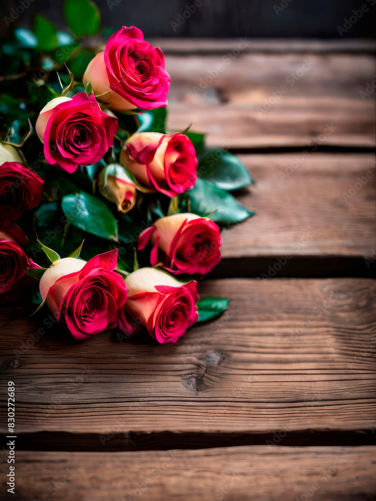 Vertical photo of floral background with pink roses on a rustic wooden table. Copy space for your own text Vertical photo of floral background with pink roses on a rustic wooden table. Copy space for your own text
