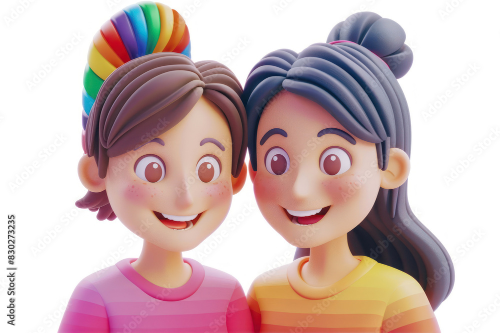 Simple Cartoon 3D illustration of smiling lesbians and gay couple with rainbow colors, close up portrait on white background Simple Cartoon 3D illustration of smiling lesbians and gay couple with rainbow colors, close up portrait on white background