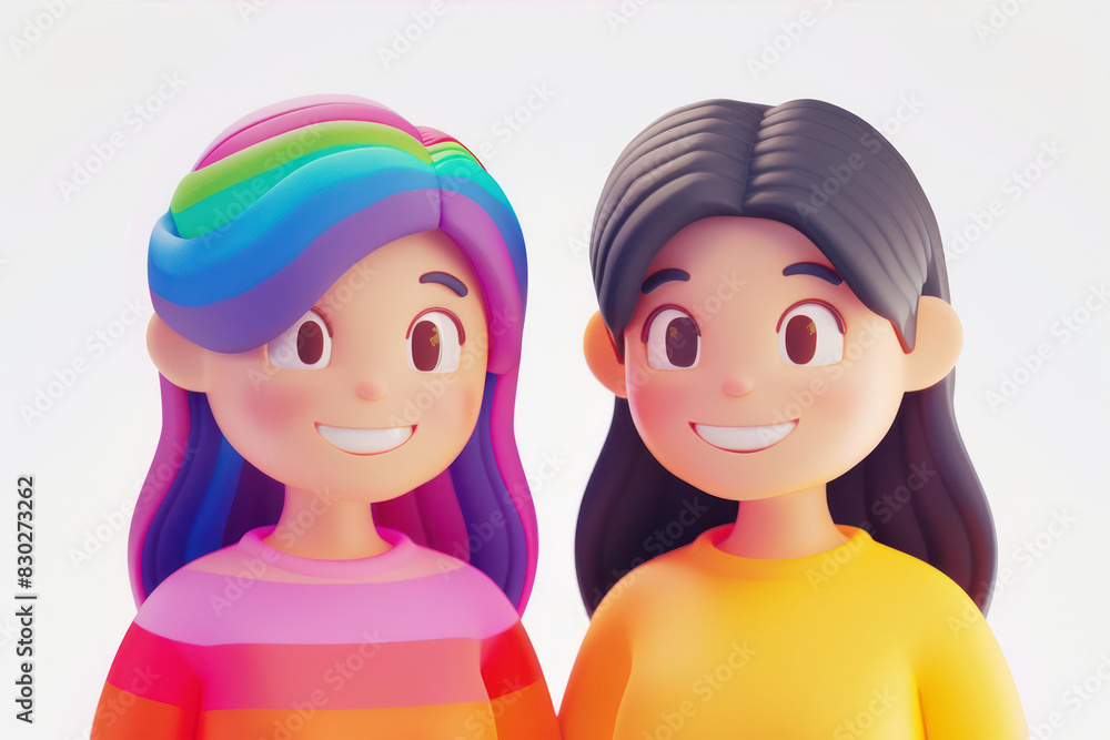 Simple Cartoon 3D illustration of smiling lesbians and gay couple with rainbow colors, close up portrait on white background Simple Cartoon 3D illustration of smiling lesbians and gay couple with rainbow colors, close up portrait on white background