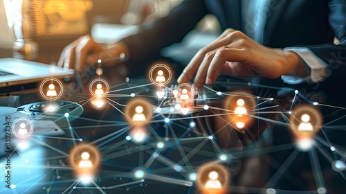 A person is typing on a laptop with a network of people on the screen