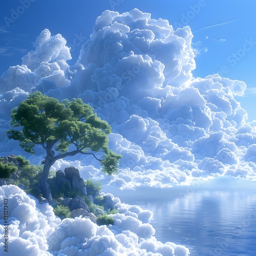 Lonely Tree on Floating Island in Surreal Sky Ocean photo